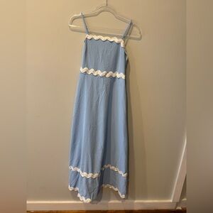 Sky Blue Midi Dress with White Scalloped Trim